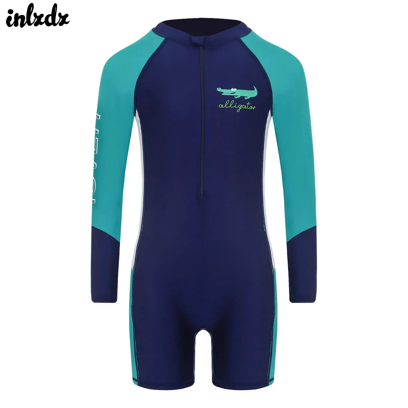 Boys One Piece Swimsuit UPF 50+ Rash Guard Color Block Long Sleeve Front Zip Boy-cut Bathing Suit Beach Water Park Swimwear