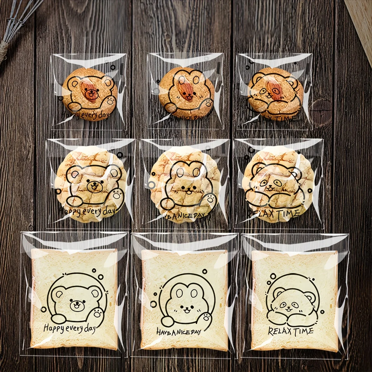 100 Stück 3-in-1 niedliche Cartoon-Backbeutel – transparent und vielseitig für Brot, Kekse und Gebäck