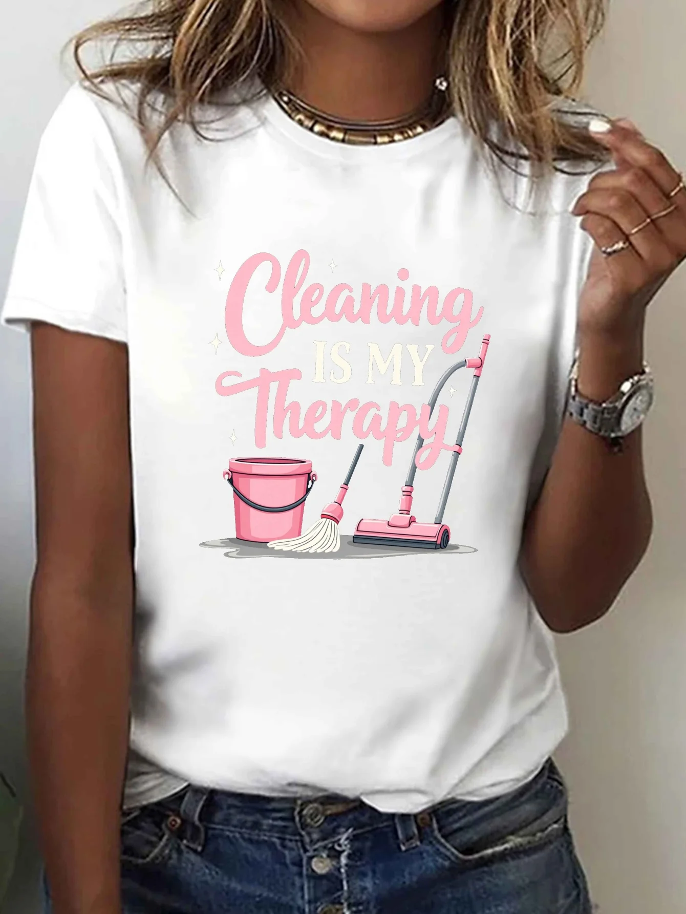 

Женская футболка с рисунком «Cleaning Is My Relax», повседневный топ с короткими рукавами и круглым вырезом, игривые розовые инструменты для чистки, летняя футболка с принтом