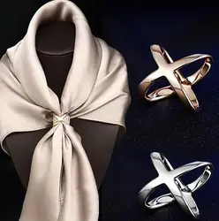 Simple X-Shape Cross Scarf Clip Metal Brooch for Women Hollow Bow Scarves Buckle Shawls Holder Jewelry Clothing Accessories