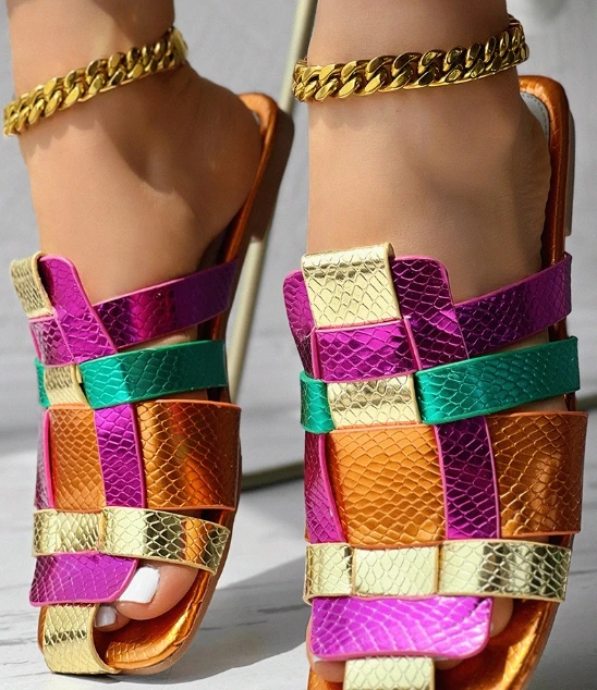 Colorful spliced square toe slippers