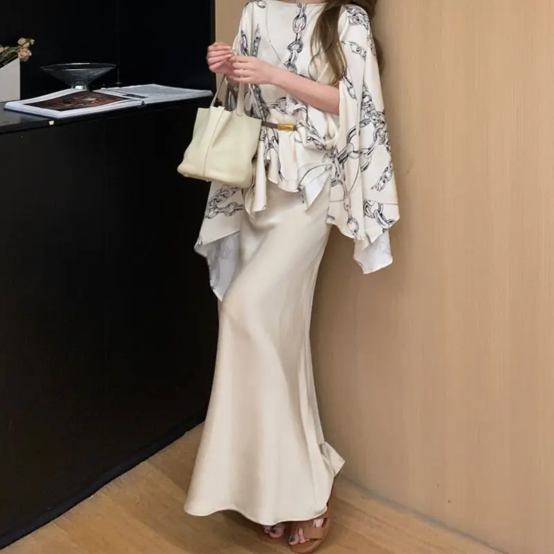 

Luxury Chiffon Cape Blouse With Floral Print Satin Maxi Skirt Set