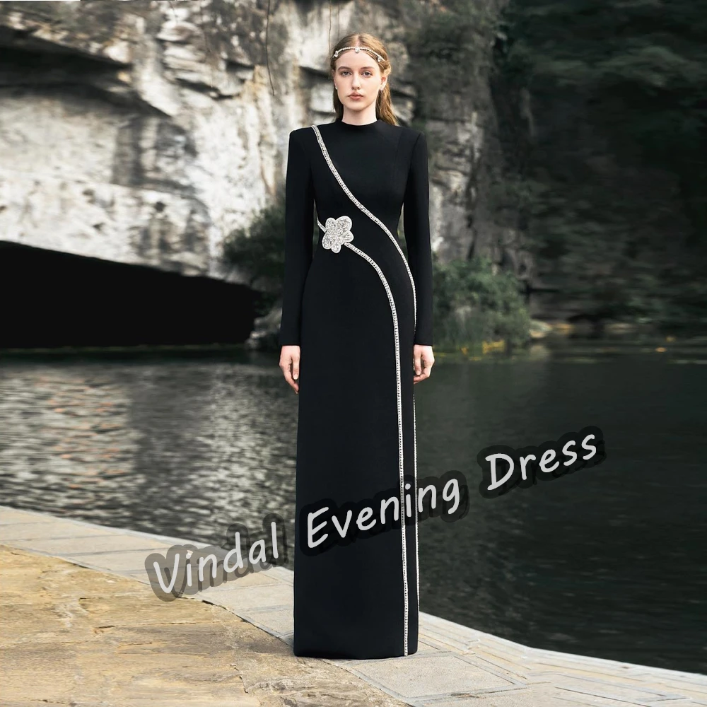 Vindal Evening Dress O-Neck Floor Length Straigt Built-in Bra Elegant Crepe Long Sleeves Sexy Flower Saudi Arabia For Woman 2024