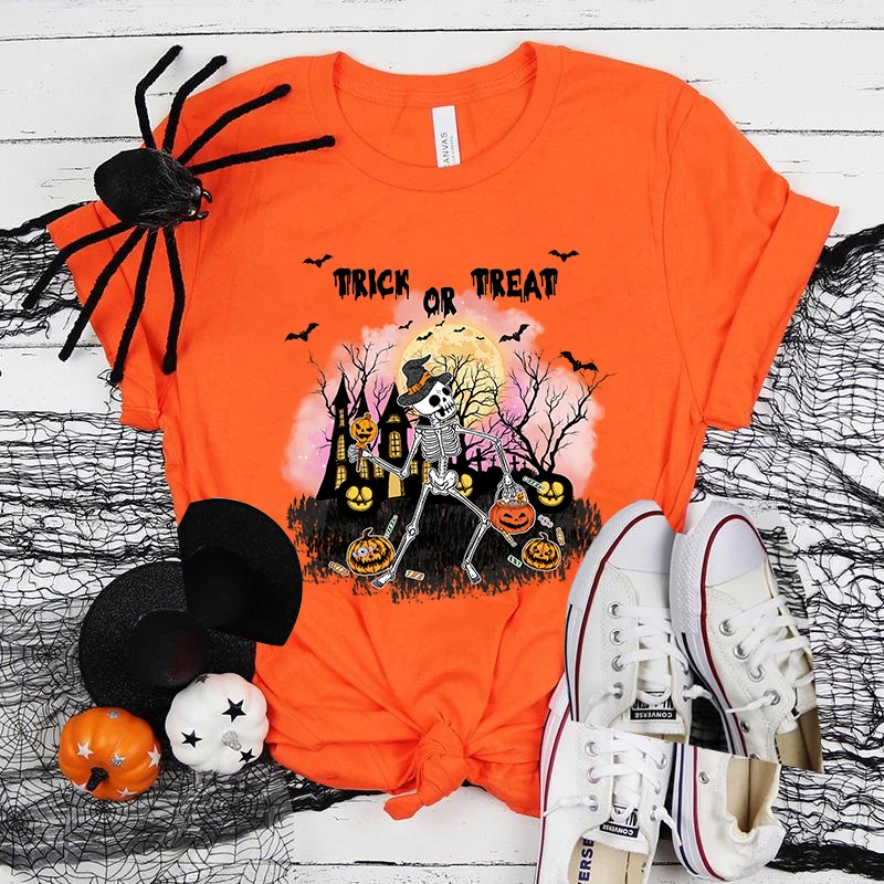 

(Premium T-shirt)Halloween Skeleton Trick Or Treat Print Short Sleeve T Shirts Women T Shirts Summer Short Sleeved Male T-Shirts