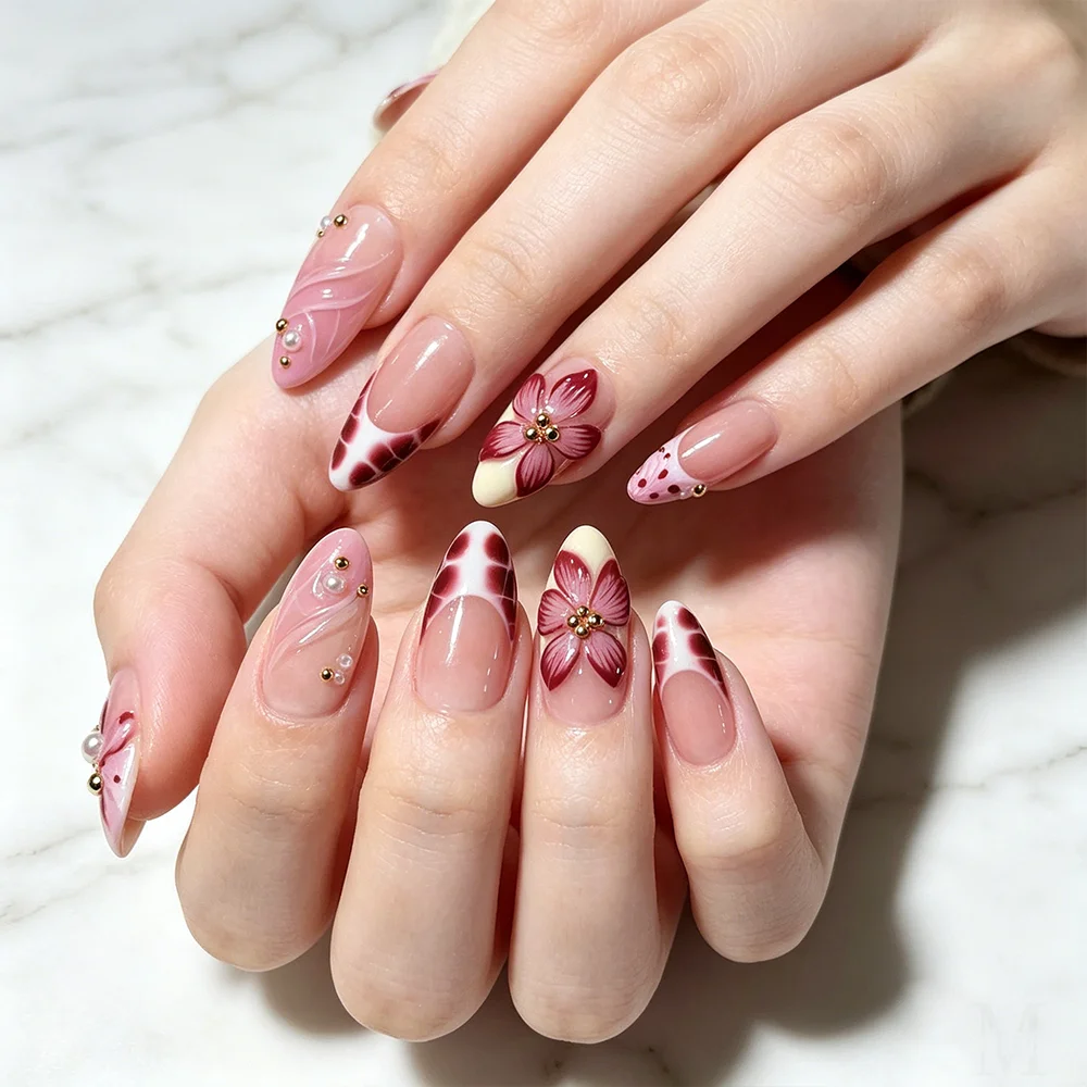 10 Stück 3D Blumen Goldperlen Handgemachte Press-On Nägel Nude Pink French Almond Künstliche Nägel M/S/XS Tragbare Falsche Fingertips – Detail 3