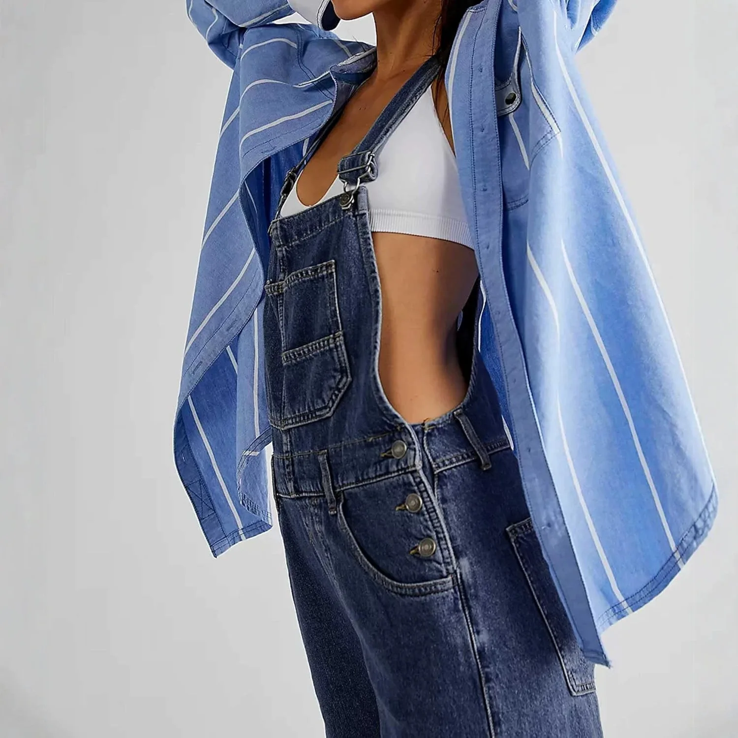 Summer 2026 Women's American Street Style Denim Overalls Comfortable Fashionable Trendy High Waist Straight Leg Cotton Jeans