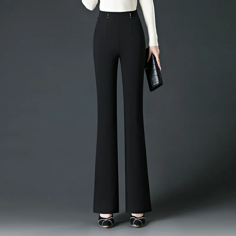 سروال أسود جديد للخريف للنساء، خصر مرن للتخسيس قابل للتمدد، مقاس كبير، سروال جرس سفلي متعدد الاستخدامات لمنتصف العمر