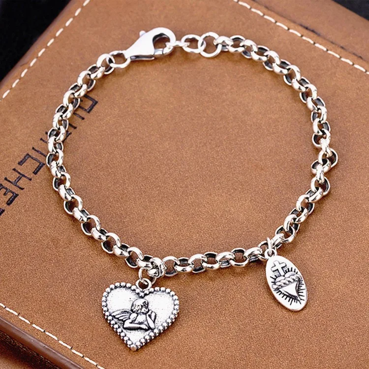 925 Sterling Silver Bracelets for Women Men String Accessories Trend Vintage Heart Pendant Party Jewelry Gift