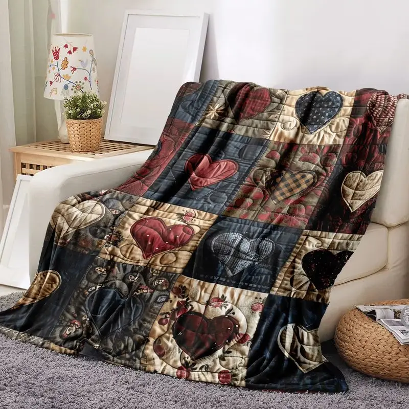 VIKAMA Quilted Throw Blanket Heart Patchwork Burgundy Navy Soft Flannel Fleece Couch Blanket Cozy Warm Holiday Home Decor