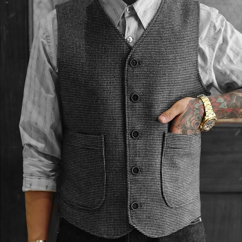

New Autumn and Winter American Classic Retro Tweed Houndstooth Vest Wool Elegant Tweed Men's Plus Size Casual