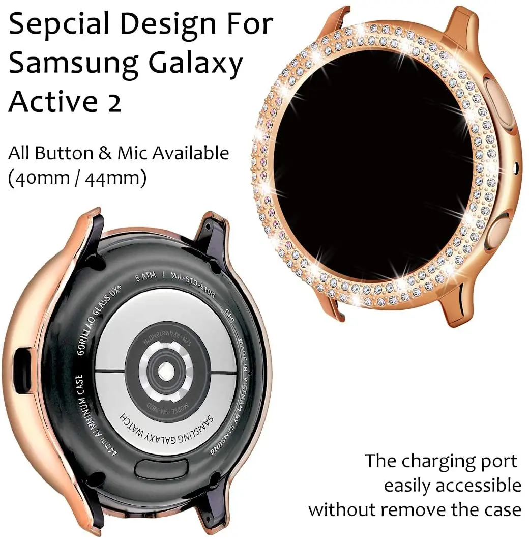 40mm 44mm Rhinestone PC Screen Protector Case Compatible for Samsung Galaxy Watch Active 2 Luxury Full Protection Watch Case