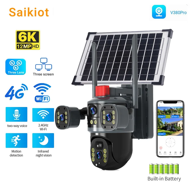 Saikiot V380Pro 2 Lens 3 Screen WIFI Wireless Solar Powered Camera 12MP Solar PTZ Camera Outdoor V380Pro CCTV Camera Solar 4G