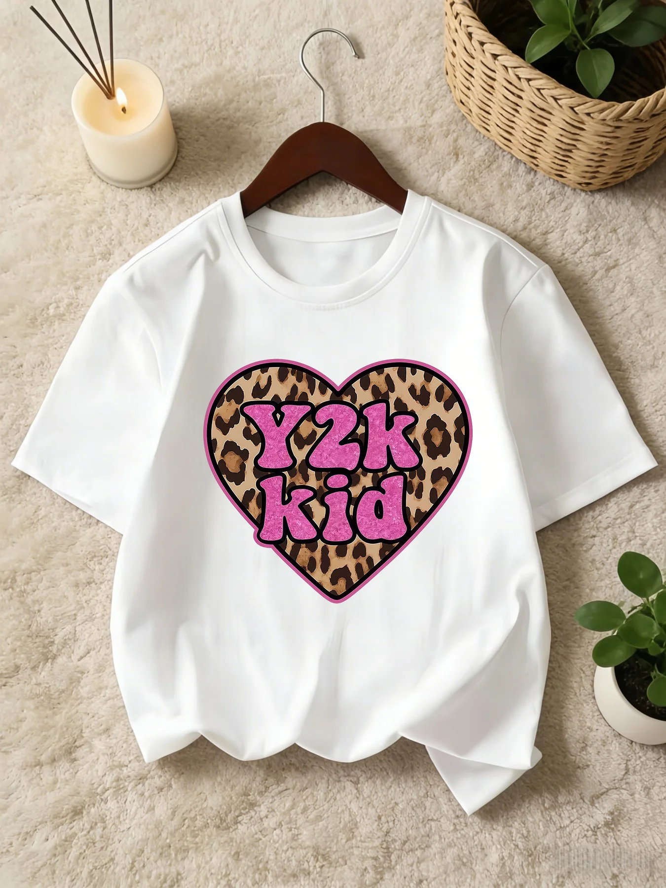 Y2K Leopard Heart Letter Print Kids T Shirt Boys Girls Family Matching Tee Soft Cotton Sleeve Children Trendy Daily Casual Wear