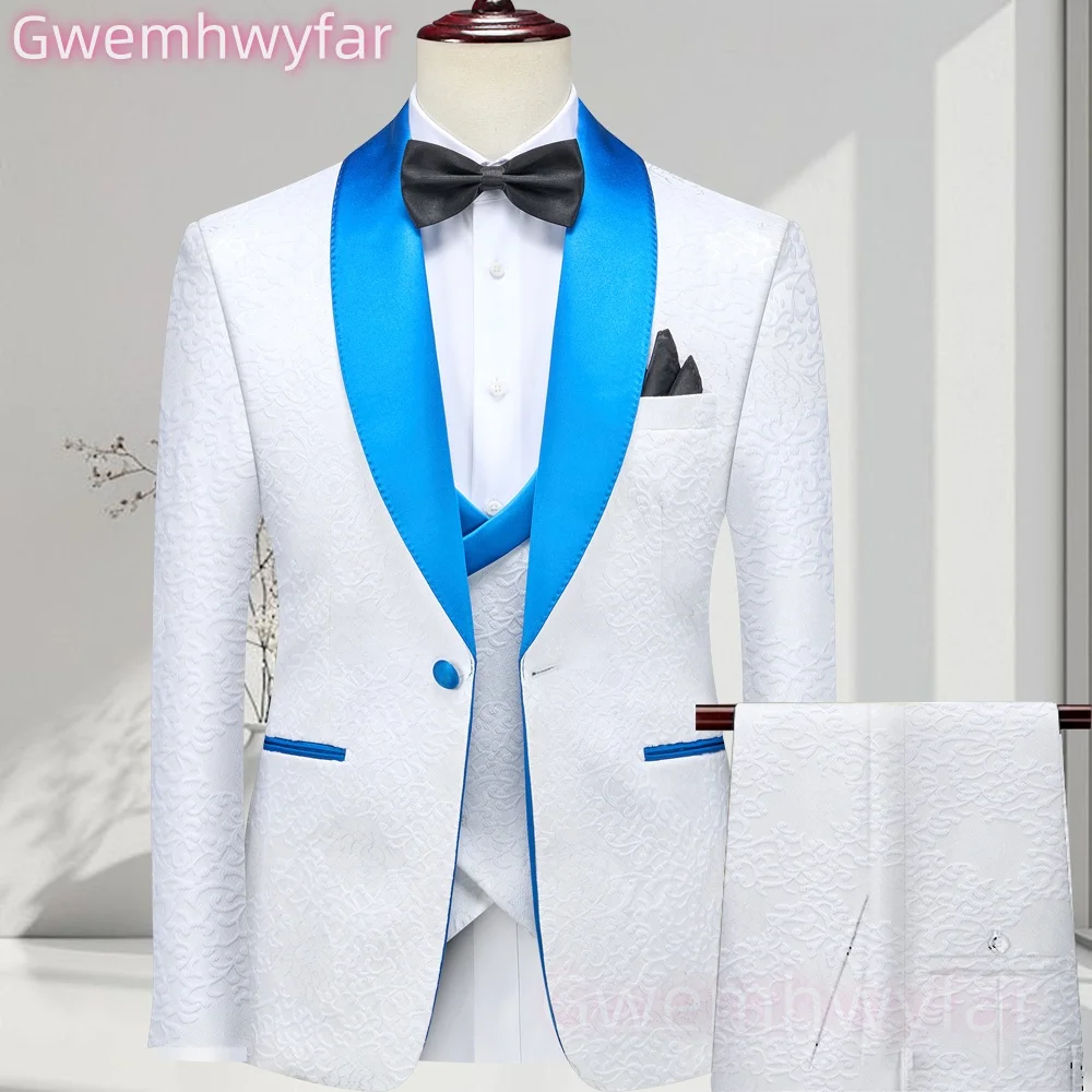 

Gwenhwyfar Men Wedding Suit 3 PCS Set White Jacquard Suits Shawl Lapel Balzer Vest Pants Elegant Custom Engage Prom Party