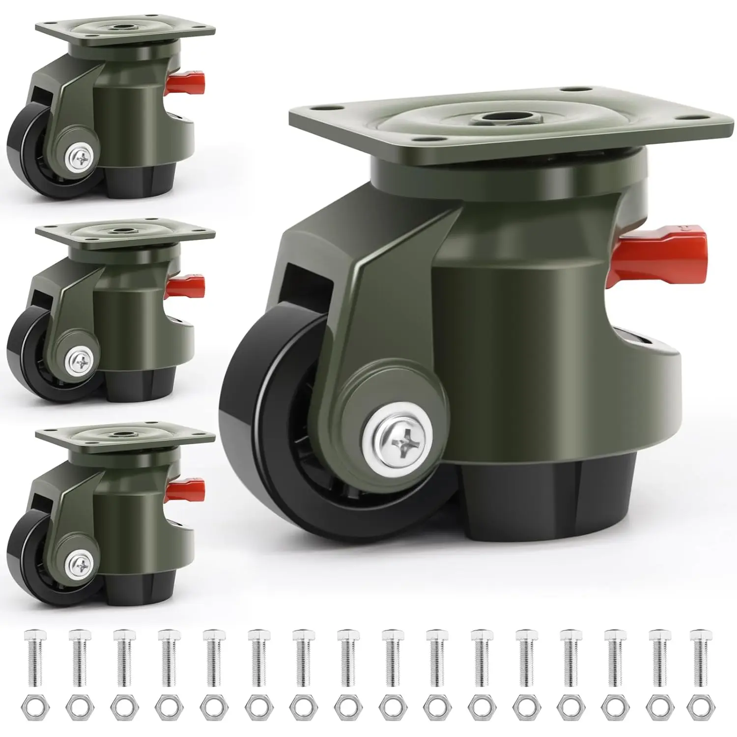 Casters Set of 4, Workbench Casters with Ratchet Arm, 3300 LBS, Green Heavy Duty Retractable Leveling Machine Casters, Nylon Whe