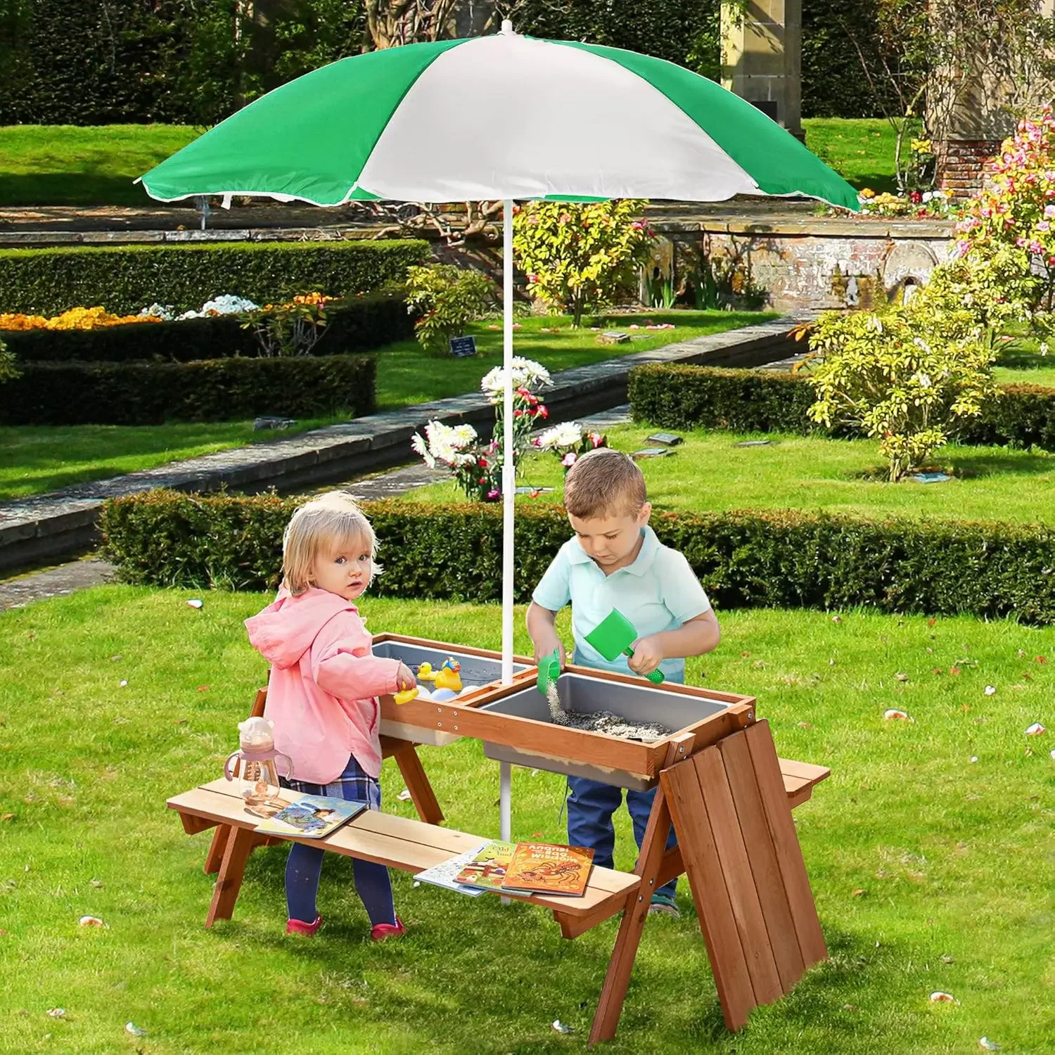 Kids Picnic Table with Umbrella & Storage Inside, Sand and Water Table, Kids Outdoor Furniture, Wooden Bench Backyard Furniture