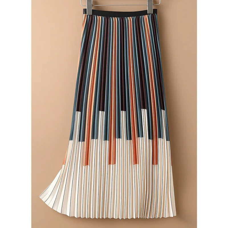 

Summer Fashion Trend Contrast Color Piano Vertical Stripe High Waist Covering Belly Pleated Casual A-line Mid Length Dress B526