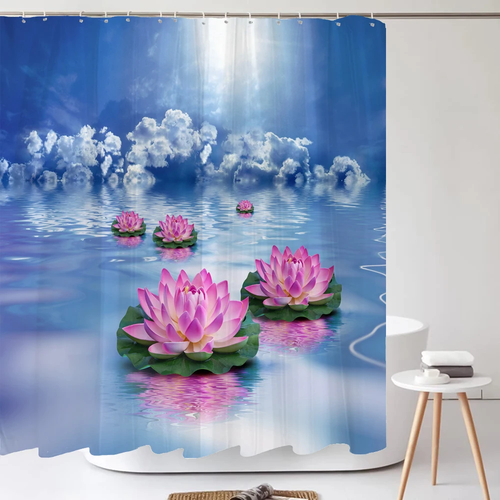 Zen Stone Bamboo Lotus Flowers Shower Curtain Set Non-slip Carpet Bath Mats Flowing Water Pattern Bathroom Curtains Toilet Cover