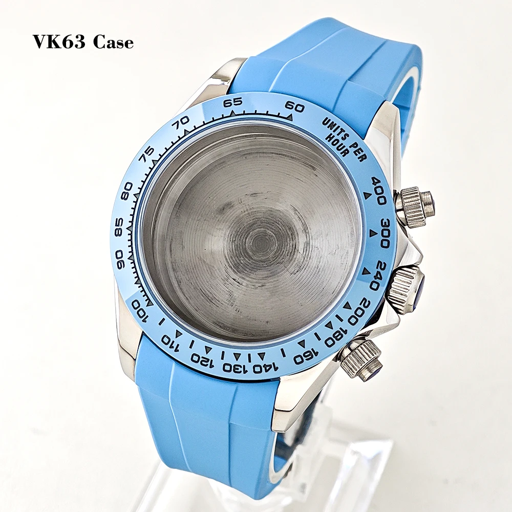 39mm VK63 Uhrengehäuse Blaue Lünette Saphirglas Edelstahlgehäuse Passend für VK63 Uhrwerk Chronograph Uhrengehäuse Zubehör