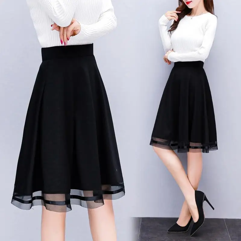 Simplicity Fashion Female Mesh Spliced Solid Color Skirt Summer Office Lady All-match Pockets Mini Skirts Trend Women's Clothing