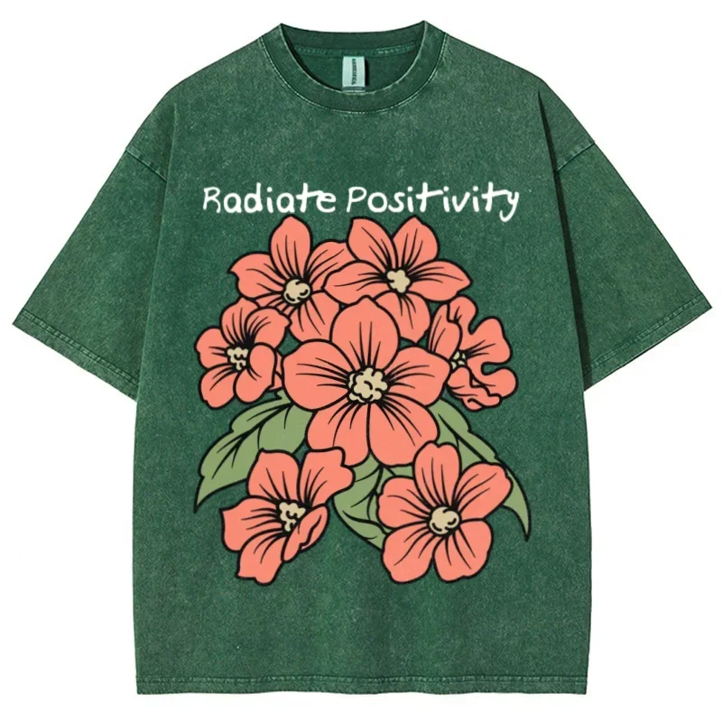 Pink Hand Painted Flower Print  T-Shirt Loose Oversized Wash Unisex Short Sleeve Fashion Casual Design Top 2024 Summer