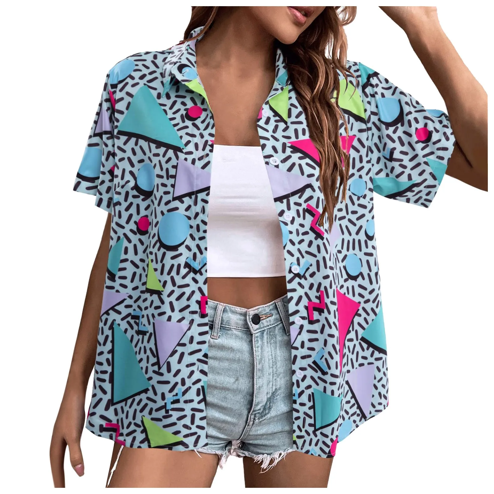 Floral Print Women's Shirts Funny Graffiti Loose Casual Blouse Summer Short Sleeve Laple Button Up Tops Abstract Graphic Shirt