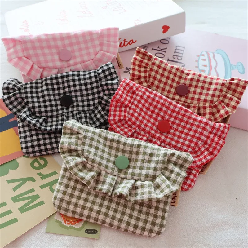 Lace coin purse, plaid flip cover portable card bag, ID bag, women's Bluetooth earphone sanitary pad storage bag