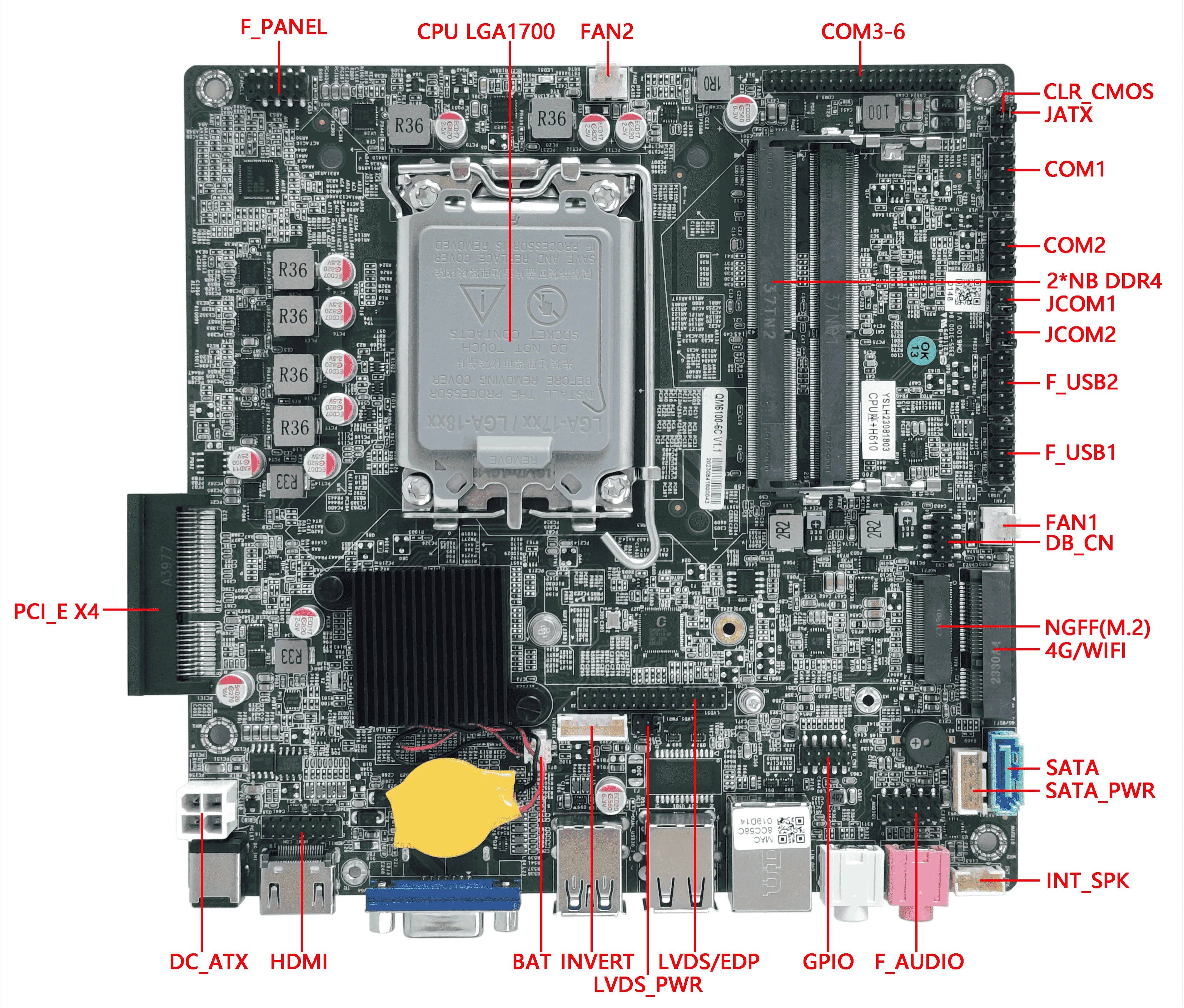 H610/H670 Mini ITX Motherboard QM6100 Support Alder Lake 12th-14th Mini Cpu Core I7 DDR4 128G 2*LAN 1*MINI_PCIE  Interface