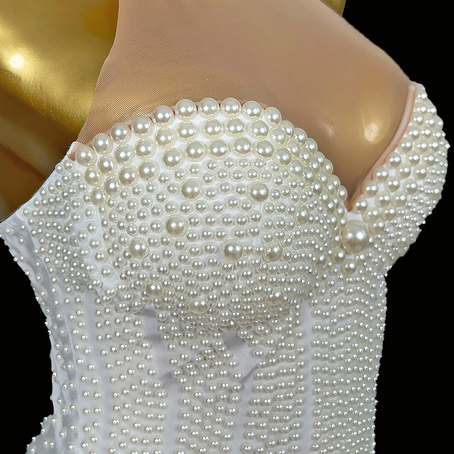 Luxurious Full White Pearls Chains Party Bodysuit  Elegant Women Sexy Dancer Leotard Nightclub Showgirl DJ Singer Stage Costumes