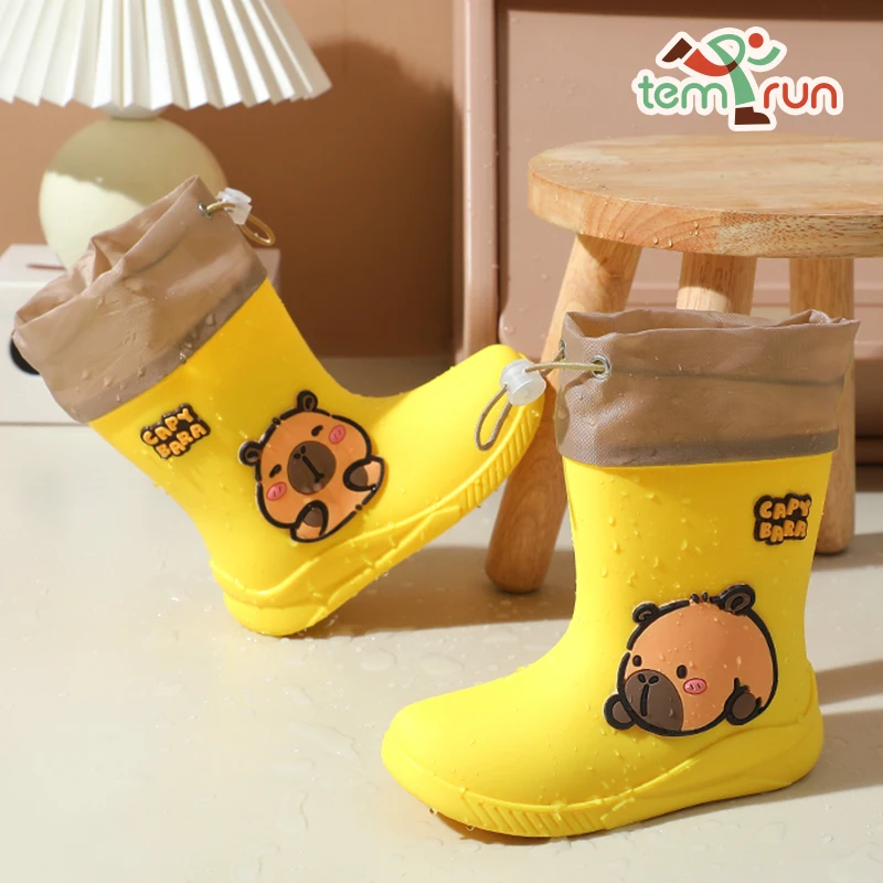 Cartoon Capybara Pattern Children's Rain Boots For Boys And Girls Rubber Anti-Slip Elastic Band Student Waterproof Rain Boots