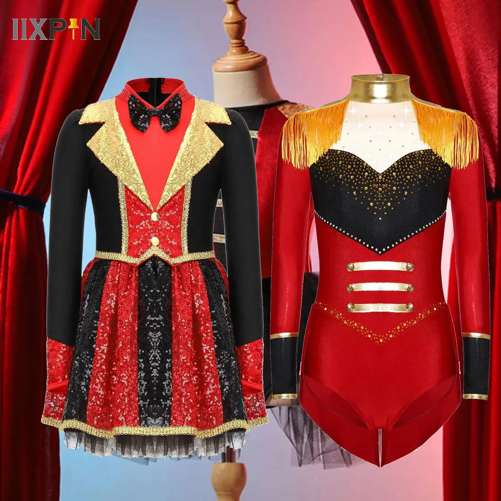

Kids Girls Sequin Circus Ringmaster Tutu Dress Lion Tamer Cosplay Outfits Magician Drummer Showman Halloween Performance Costume