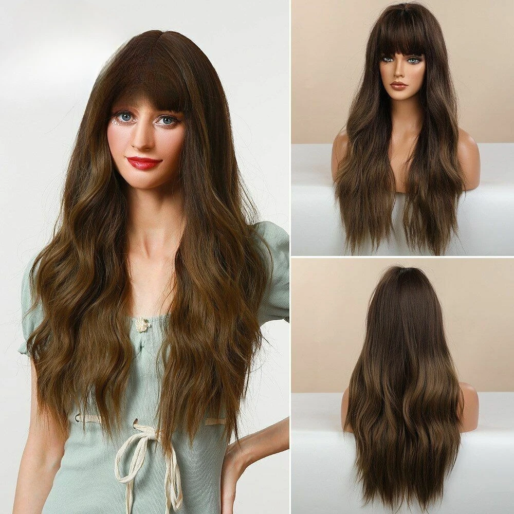 

Long Wavy Highlight Ombre Brown Wigs with Bangs Hair for Women Natural Wigs US
