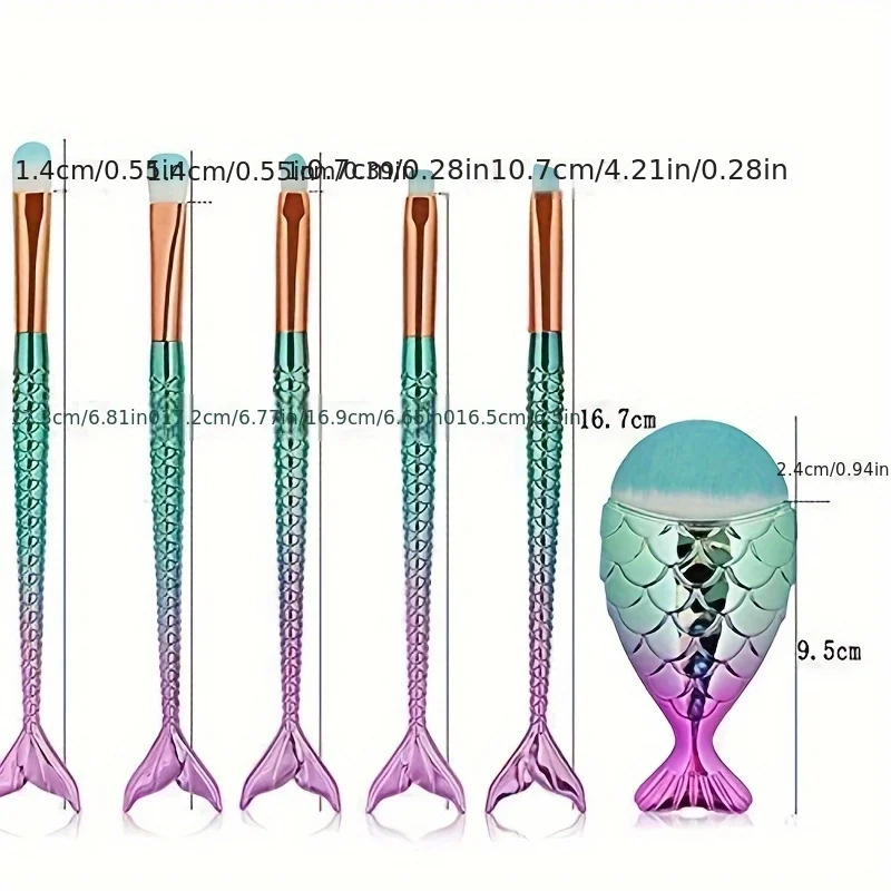 11 個のカラフルな 3D マーメイドメイクブラシセット - 多機能ツール、メイクブラシ、あらゆる肌タイプに適したアクセサリー
