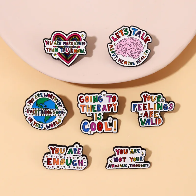 Rainbow Heart Enamel Pin Brooch Brain Badge Colorful Letter Quote You Are Enough Lapel Backpack Metal Friends Jewelry Wholesale