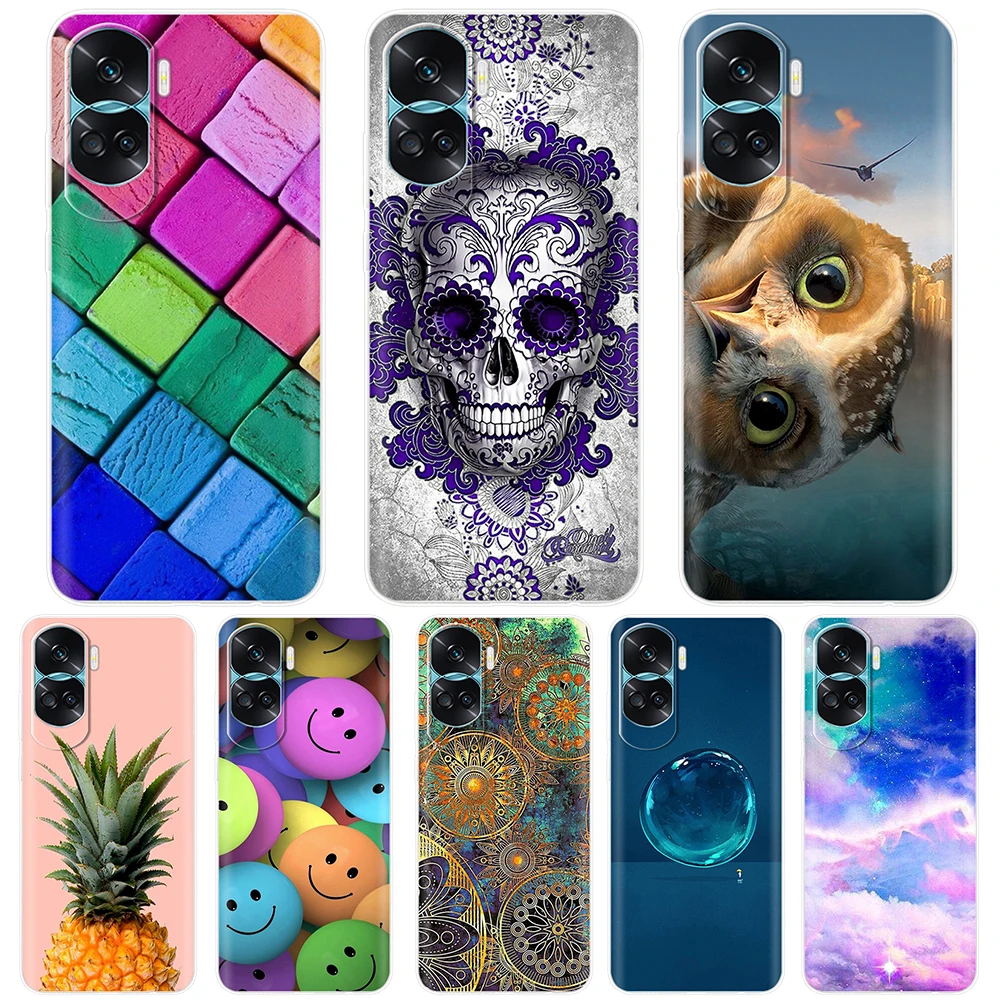 

For Honor 90 Lite Case For Huawei Honor90 Lite Cover 6.7" Soft Silicon Skull Flower Clear Back Cover for Honor 90 Lite 5G Fundas