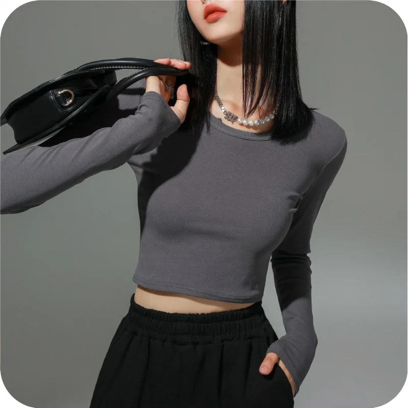 

QBase Layer Shirt2024New Korean Style Design Versatile Stylish Autumn Winter Cotton Long SleeveTRound Neck Top