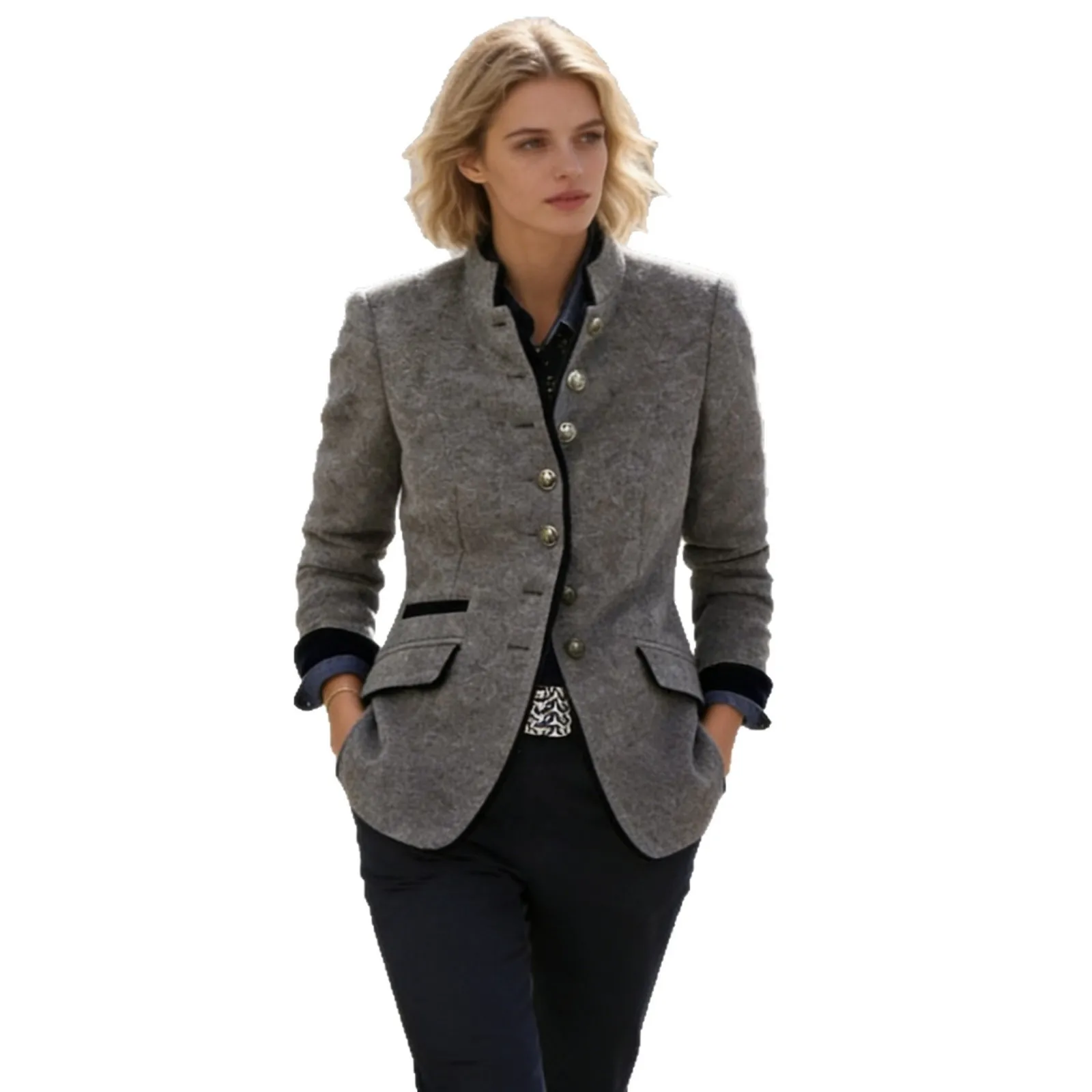 V Neck Loose Fit Coat Elegant with Mid Length Spring Medium Thickness Multi Button Long Sleeve Regular Sleeve Women Coat