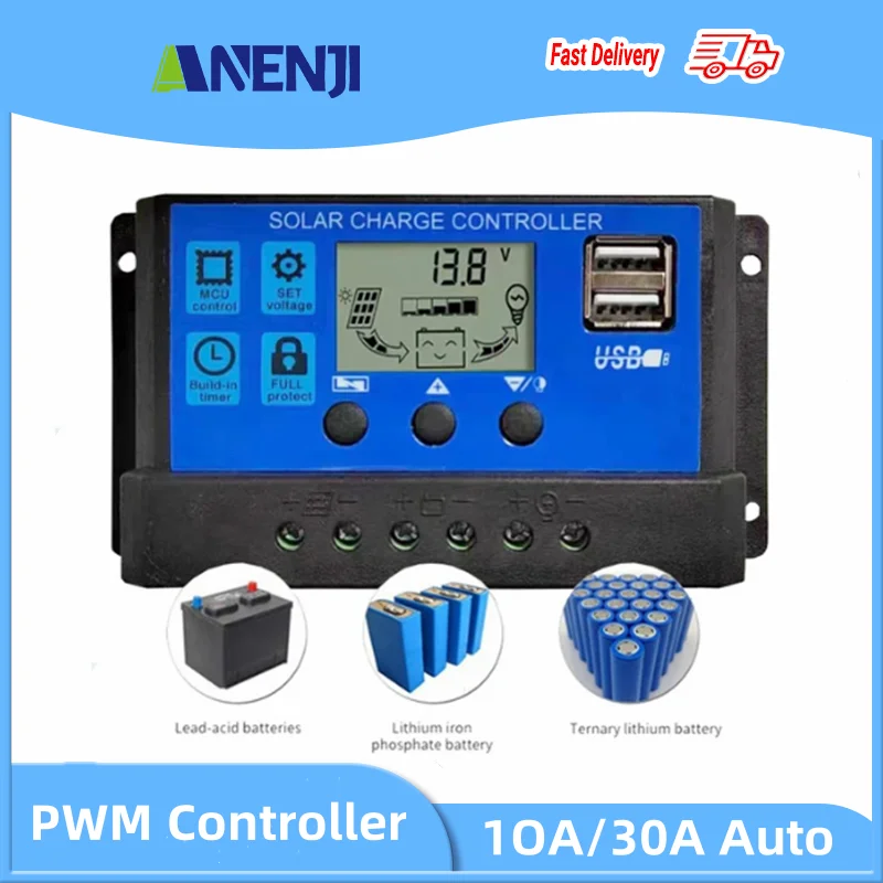 Solar Charge Controller PWM 10A 30A 12V24V Auto Battery Charge Regulator PWM Controller LCD Dual USB For Solar Panel PV House