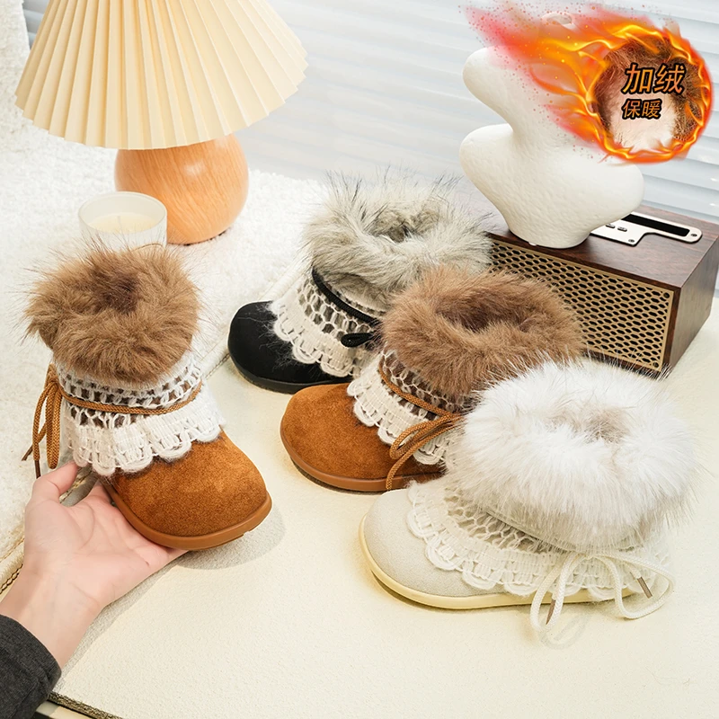 

Children Boots Fluffy Fur Ball Thick Bottom Kids Snow Boots 2025 Winter Cute Lace Bowknot Ankle Boots Warm Plush Children Shoes