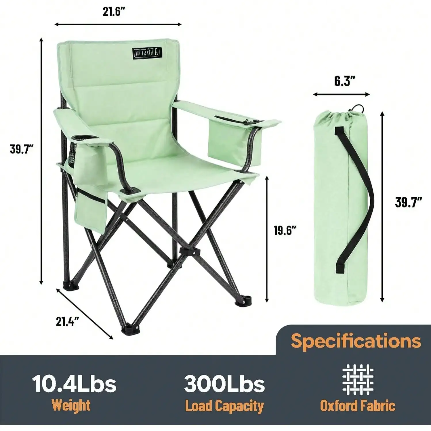 Camping Chair Folding Heavy Duty With Cup Holder Cooler Bag, Oversized Portable Lawn Chair For Adults, Tall And Lightweight, 300 Lbs Capacity, For Beach, Fishing, Sports, Travel (Bean Green, 1 Pack)