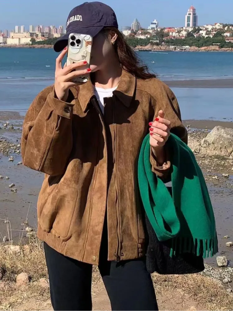 ort Women's Leather Jaet Autumn Winter Loose Fit Brown Retro Sle Motorcycle Baseball Coat Warm Sli Campus Streetwear