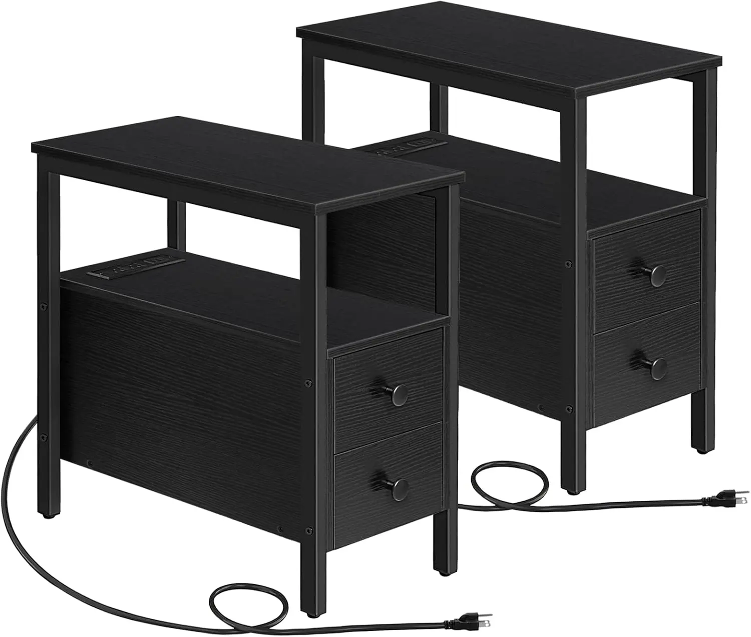 2 End Tables with Charging Station, Narrow Side Table with Drawers & USB Ports & Power Outlets, Nightstand for Small Spaces, Liv