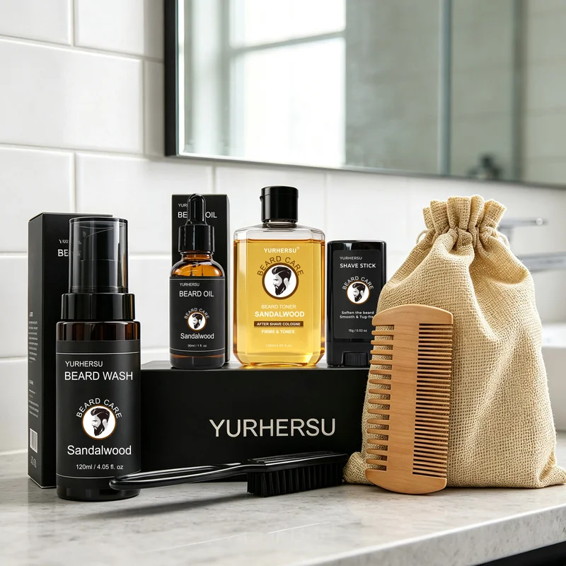 Sandalwood Beard Care Kit – Beard Wash, Beard Oil, Beard Balm, Scissors, Brush, Comb and Gift Bag, Daily Grooming Set