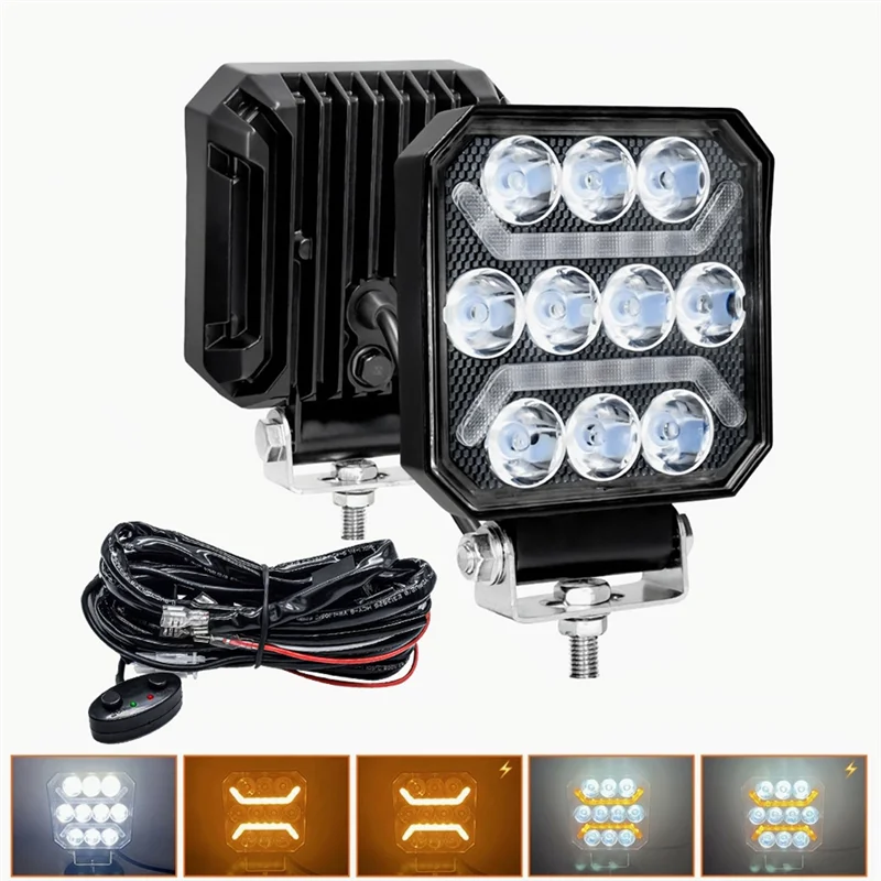 Nuovo--Luce da lavoro a LED quadrata da 4 pollici con kit cablaggio Luce di guida fuoristrada ambra bianca per camion SUV ATV Boat Pickup