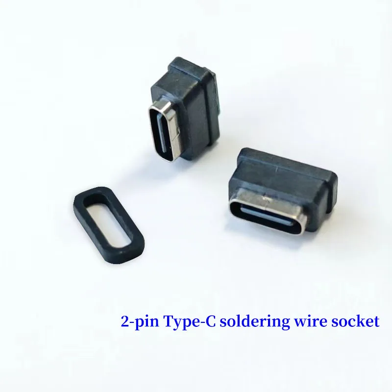 1-10 pcs TYPE-C 2PIN welding wire waterproof vertical plug female charging head with rubber ring clamp plate waterproof 2-core