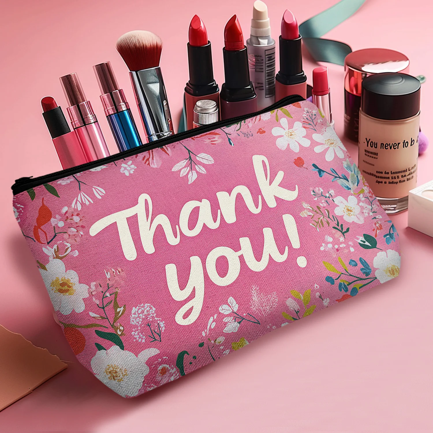 1Pc Pink Thank You Makeup Bag Mother Day Cosmetic Bag For Women Portable Travel Toiletry Pouch Organizer 8.66X5.51Inch