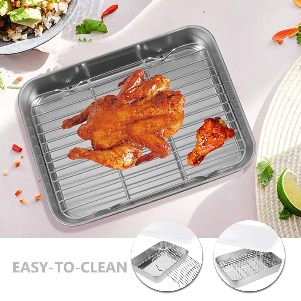

1 Set Of Stainless Steel Deep Food Pan With Rack Lid For Kitchen Storage Fruit Snack Container Multipurpose Baking Serving Dish