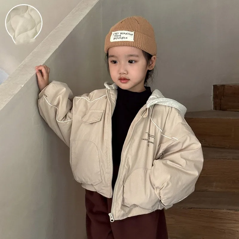 Children Hooded Warm Parkas Autumn Winter Casual Boy Baby Letter Fleece Thicken Tops Jacekt Solid Girl Kid Fleece Cotton Coat