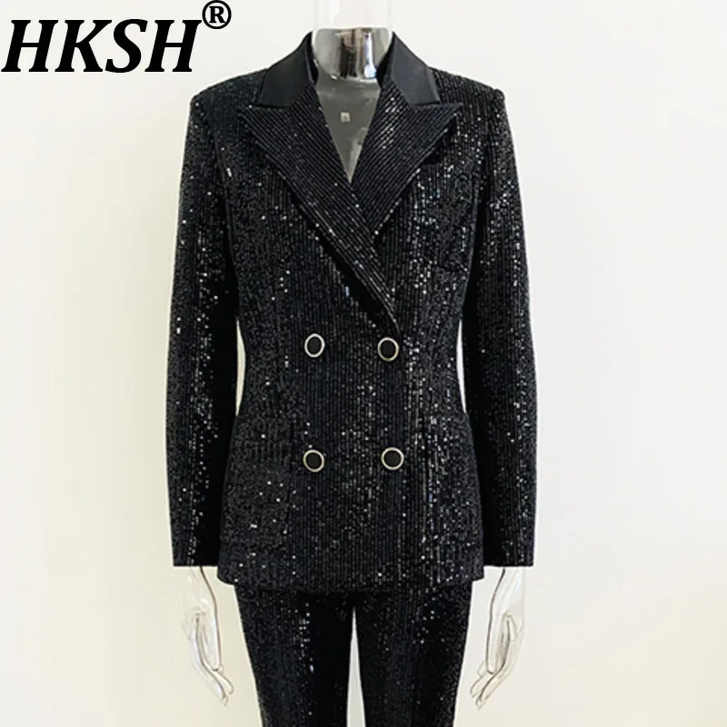 

HKSH Autumn New Women Blazer Heavy Craft Sequins Double Breasted Pockets Turn-down Collar Temperament High Street Jacket HK11547