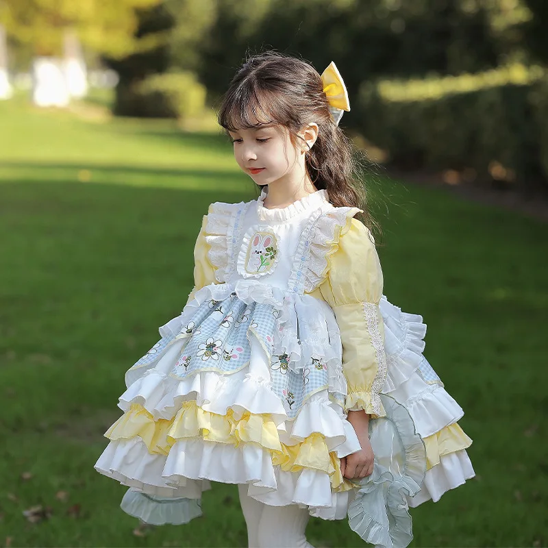HETISO Lovely Little Girls Princess Lolita Dress Kids Long Sleeve Ruffle Layered Elegant Cartoon Birthday Ball Gown 1-10 Years